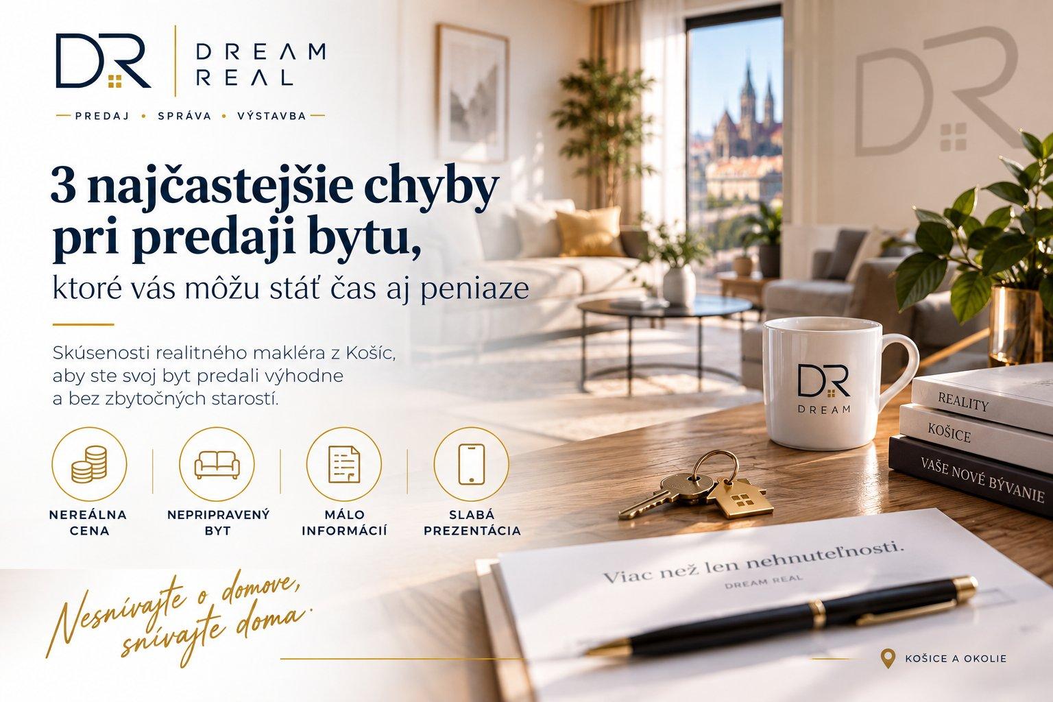 Grafika k článku 3 najčastejšie chyby pri predaji bytu: nereálna cena, nepripravený byt, málo informácií a slabá prezentácia