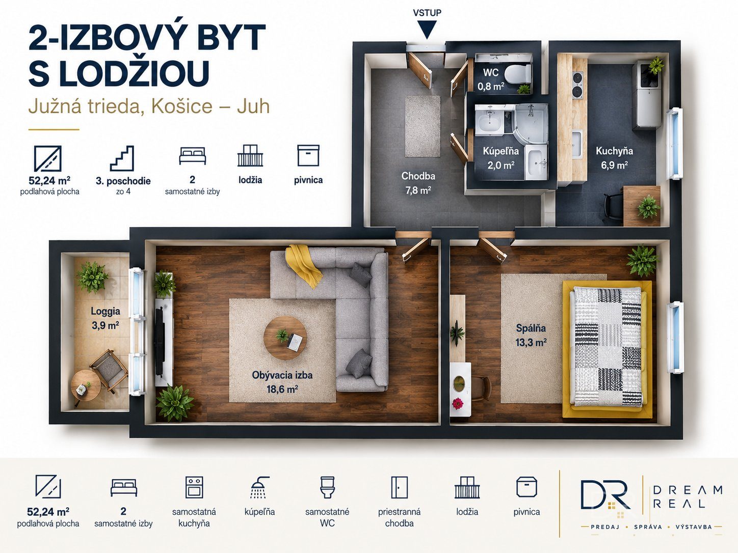 Predaj 2-izbového bytu s lodžiou – Južná trieda, Košice